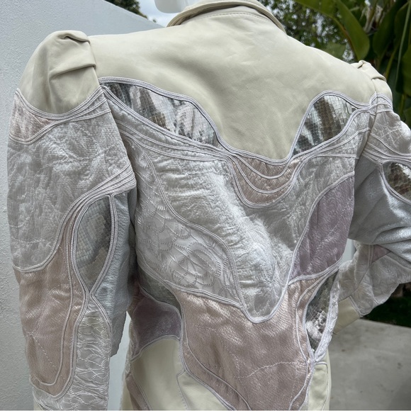 80s Cream & Silver Leather Patchwork Blazer Coat - Picture 7 of 14